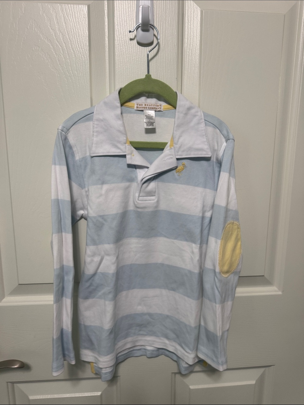 Boys Light Blue & White Stripe Rugby Shirt with Yellow Elbow Patch